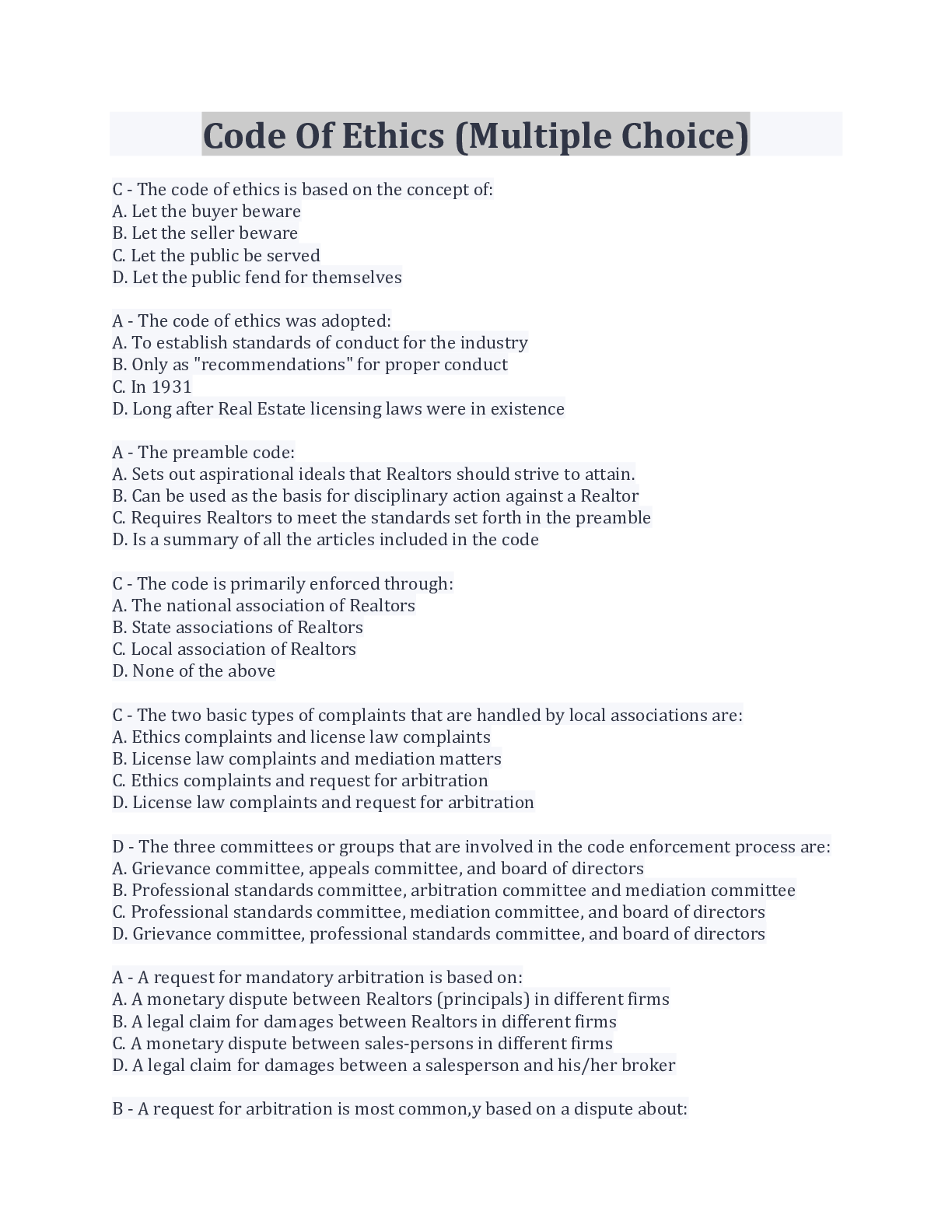 Preview image for Code Of Ethics (Multiple Choice) Questions And And Answers